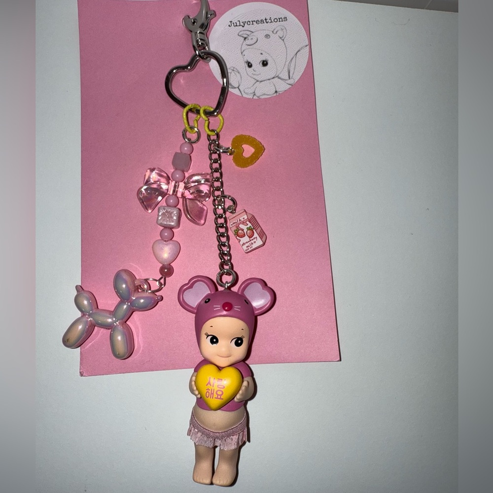 Cute Pink Mouse Keychain with Heart Charm